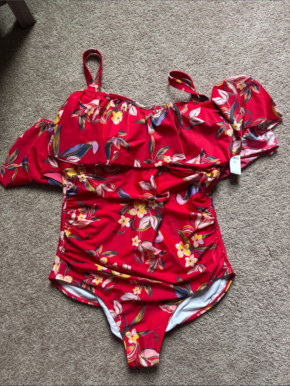 Red Floral One-Piece Swimsuit with Ruffle Shoulder